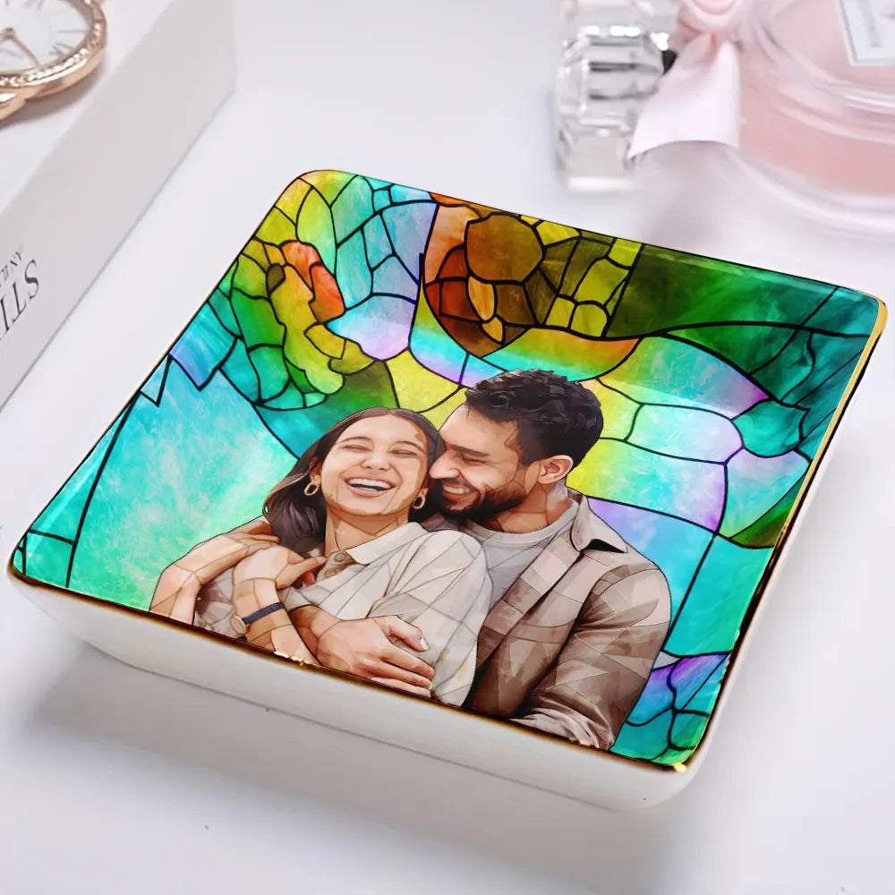 Gift For Couples,Gift For Wife,Gift For Mother,Gift For Grandma,Gift For Grandparents,Family - Custom Photo Stained Glass Portrait Mom Grandma Parents Family - Personalized Ring Dish