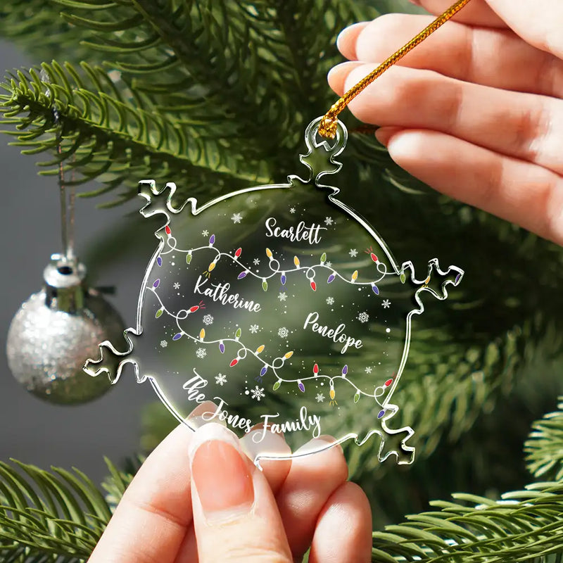 Family, Christmas, Funny - Christmas Family Together With Names And Led Lights - Personalized Snowflakes Shaped Glass Ornament