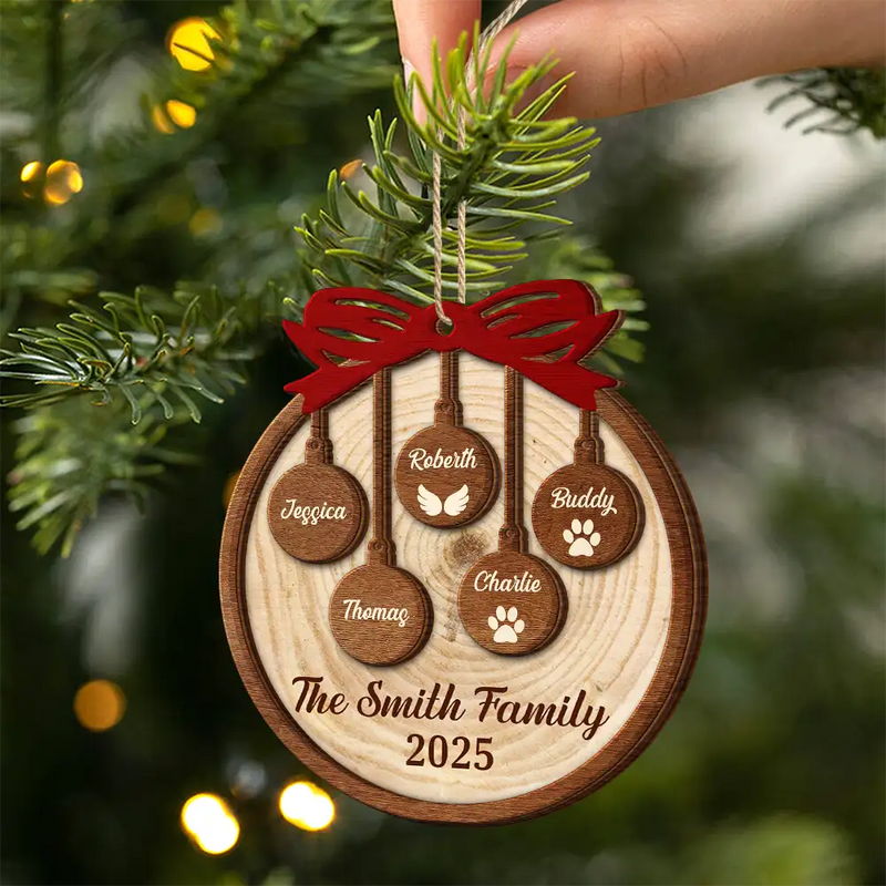 Family,Gift For Sibling,Gift For Sisters,Gift For Brothers,Love,Christmas,Pet Lovers - Happy Family Merry Christmas - Personalized 2-Layered Wooden Ornament
