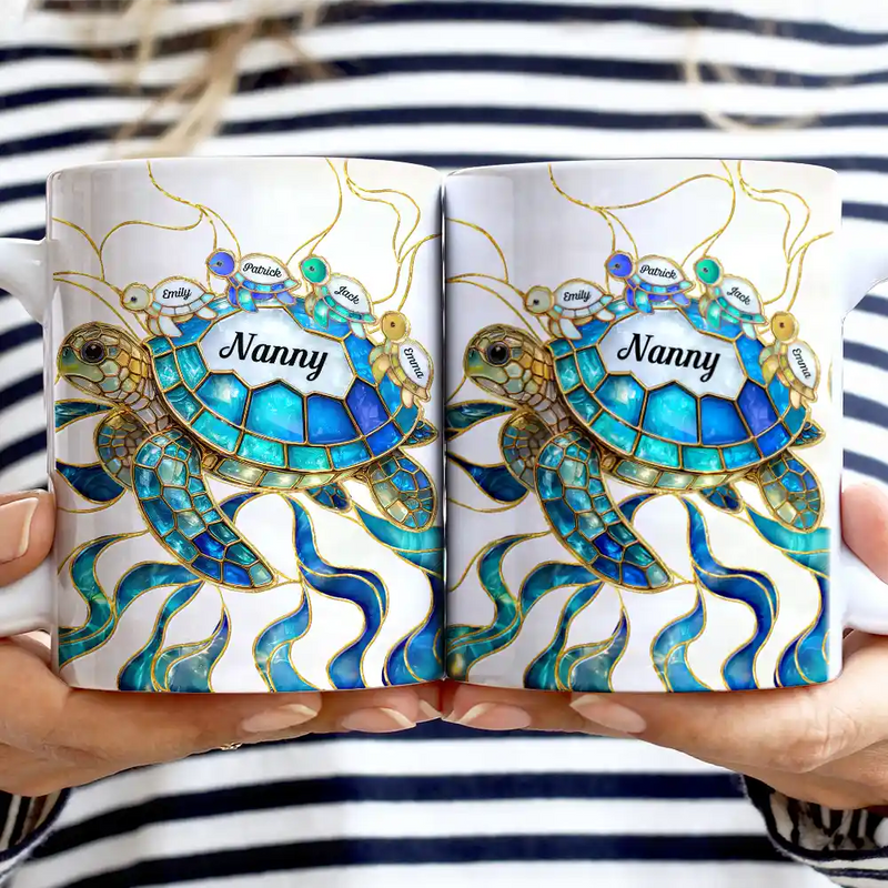 Gift For Grandma,Grandma - Grandkids,Gift For Mother,Beach,Happy - Turtle Stained Glass Mom Grandma - Personalised White Edge-to-Edge Mug