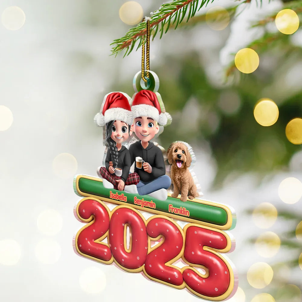 Gift For Couples,Family,Parents,Christmas,Pet Couple - Cute Couple With Kids And Dogs Cats 3D Effect - Personalized Custom Shaped Acrylic Ornament