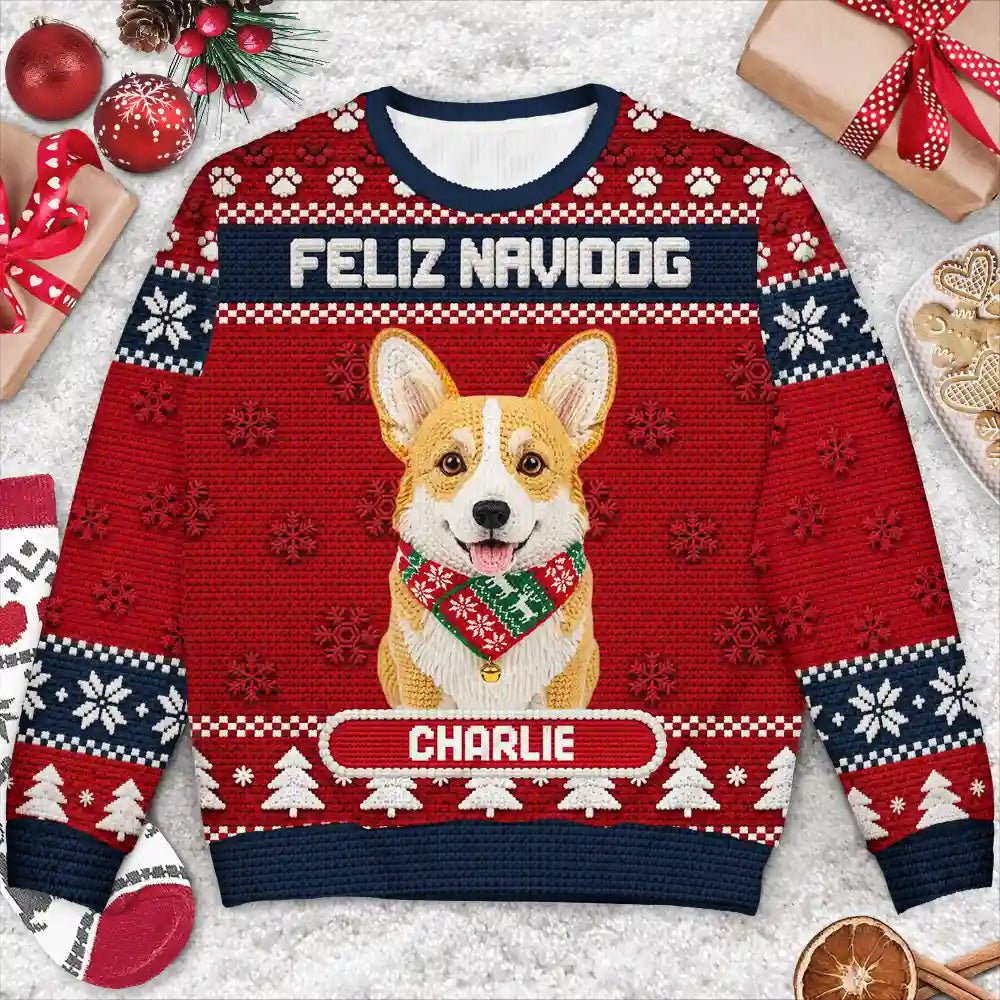 Art Design, Christmas, Custom Photo, Pet Lovers, Photo - Crochet Pet, Playful - Christmas Gift For Pet Lovers - Personalized Custom Photo Crochet Pet Feliz Navidog Unisex Ugly Sweater