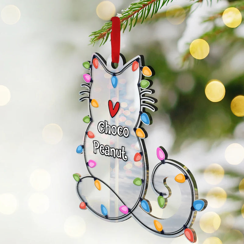 Cat Lovers, Cat Mom, Cat Dad, Happy, Christmas - Cat Shape Christmas Light Custom Name - Personalized Custom Shaped Mirror Ornament