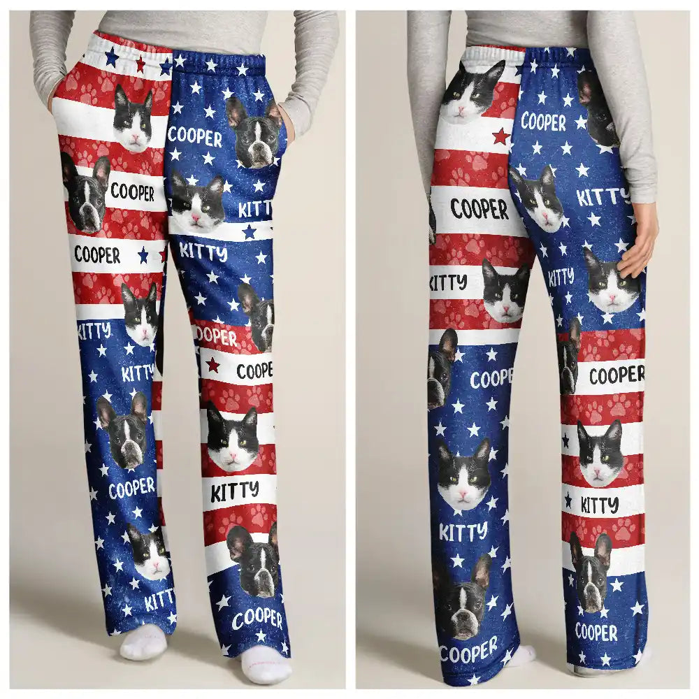 Independence Day,Dog Lovers,Pet Lovers,Cat Lovers,Photo,Proud - Custom Photo Funny Pet Face Pattern Dog Cat US Flag - Personalized Pajama Pants