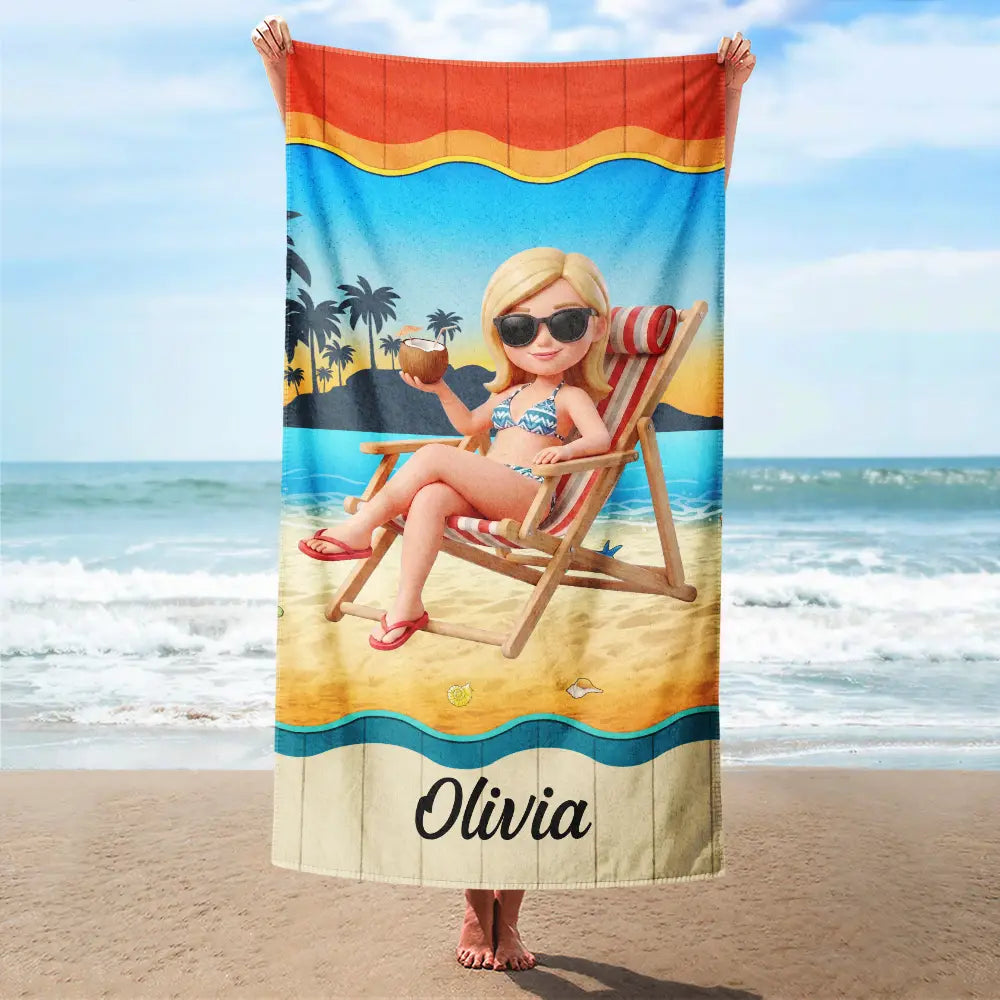 Custom Photo, Beach, Art Design, Summer, Gift For Yourself, Playful, Photo - Beach Chair 3D Effect - Custom Photo 3D Summer Concept Traveling Beach Poolside Swimming Picnic Vacation - Personalized Beach Towel