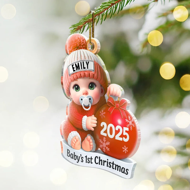 Christmas,New Dad,New baby,New Mom,Happy - Baby Beside Christmas Bauble First Christmas 3D Effect - Personalized Custom Shaped Acrylic Ornament 