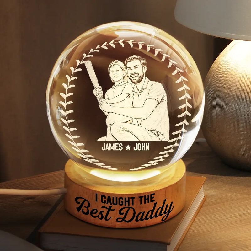 Gift For Father,Gift For Grandpa,Baseball,Non-Eng,Photo - Pencil Sketch (White BG),Proud - Custom Photo Pencil Sketch Art We Caught The Best Dad Grandpa - Personalized Crystal Globe Lamp