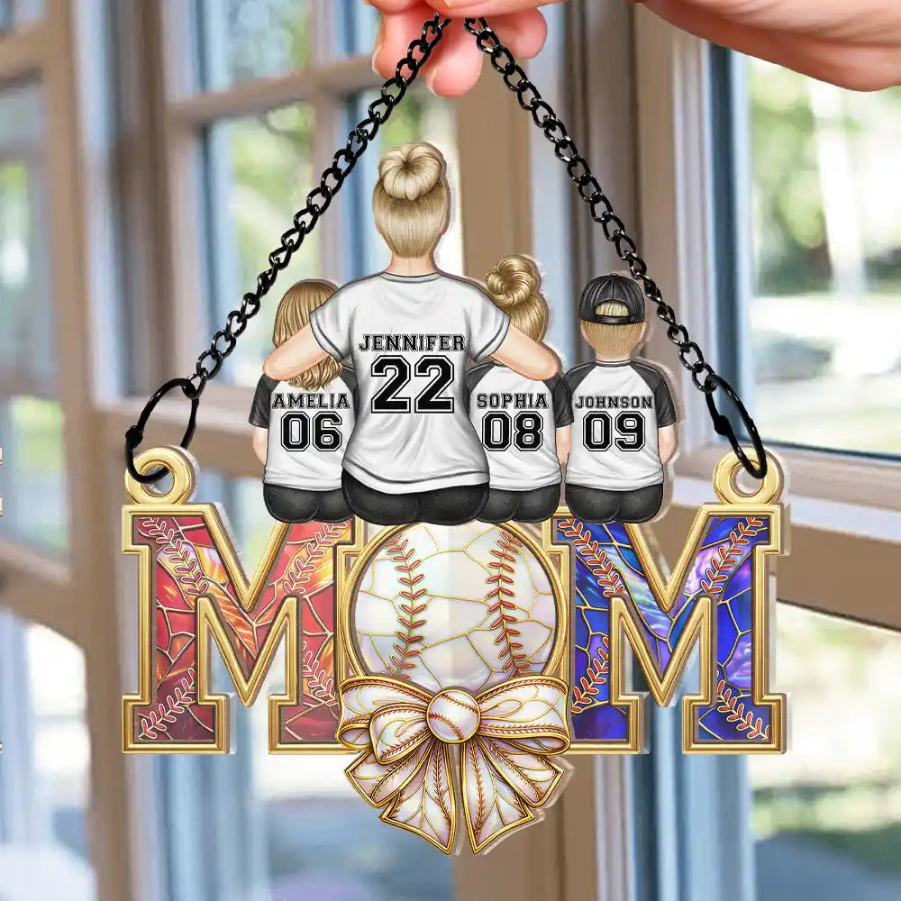 Baseball,Sport Mom,Gift For Mother,Mom - Children,Happy - Baseball Mom Behind A Baseball Player - Personalized Window Hanging Suncatcher Ornament