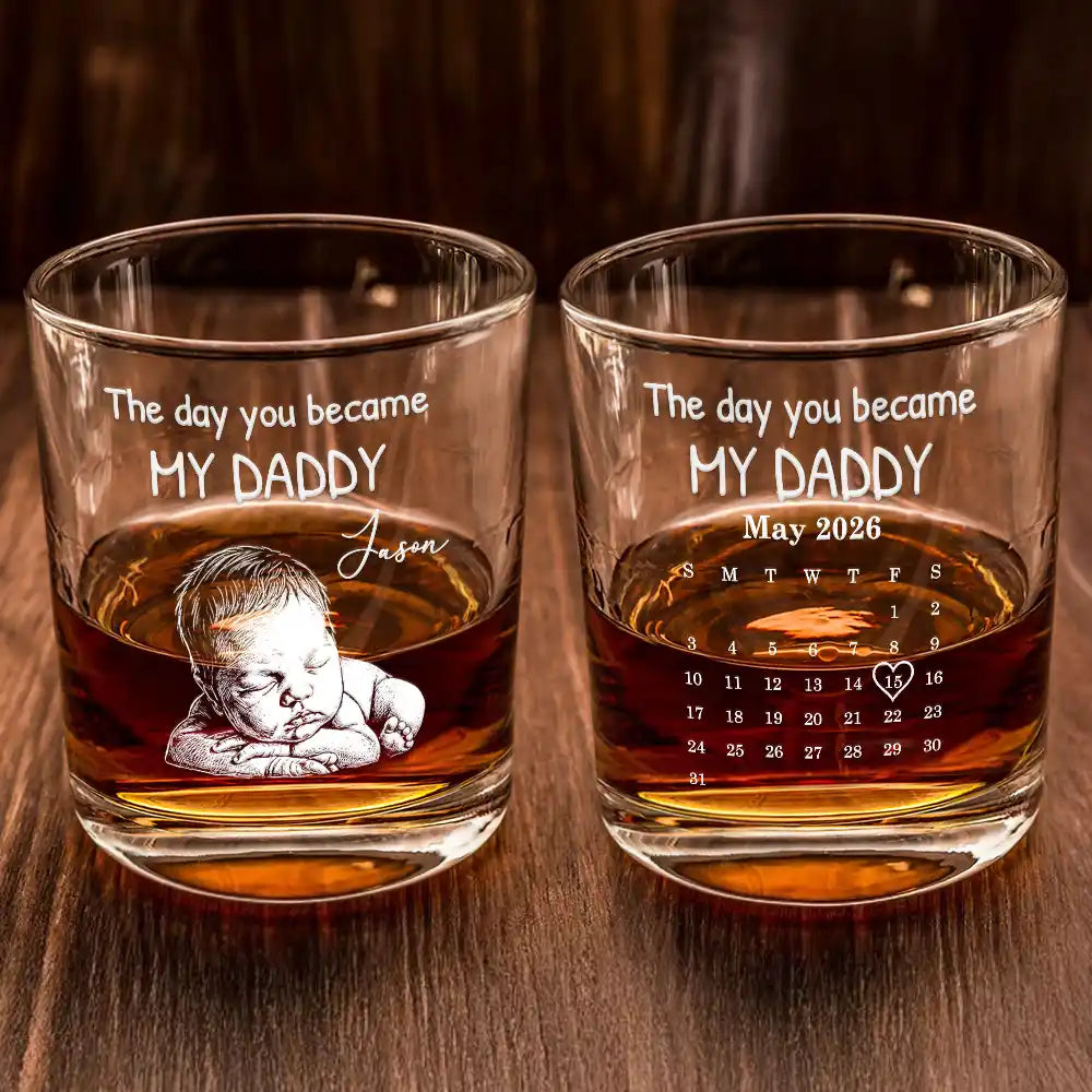 Custom Photo,New Dad,New Mom,New baby,Gift For Father,Non-Eng,Photo - Pencil Sketch (Dark BG),Calendar,Adorable - Custom Photo White Pencil Sketch Art Calendar The Day You Became My Mom Dad - Personalized Whiskey Glass