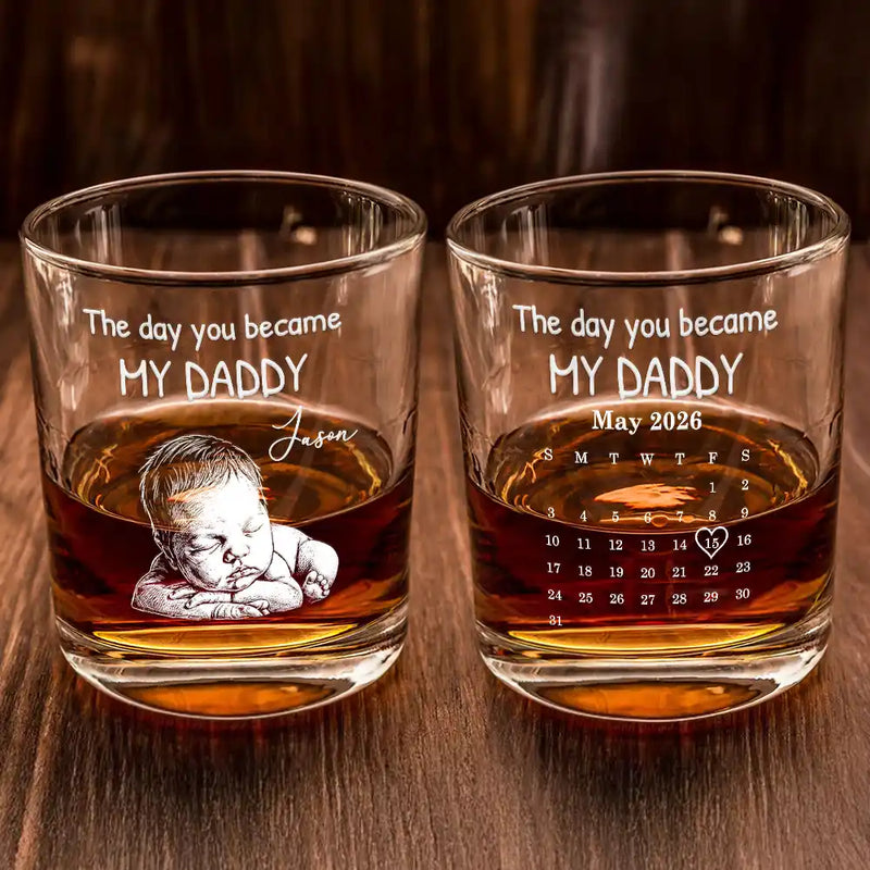 Custom Photo,New Dad,New Mom,New baby,Gift For Father,Non-Eng,Photo - Pencil Sketch (Dark BG),Calendar,Adorable - Custom Photo White Pencil Sketch Art Calendar The Day You Became My Mom Dad - Personalized Whiskey Glass