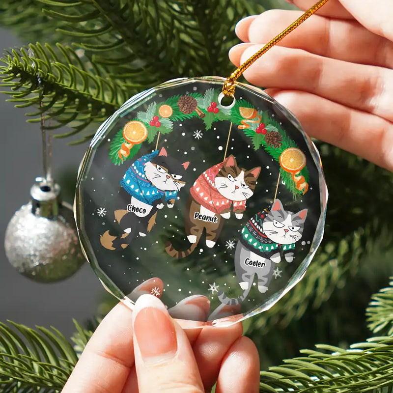 Christmas Funny Hanging Cats - Personalized Circle Glass Ornament