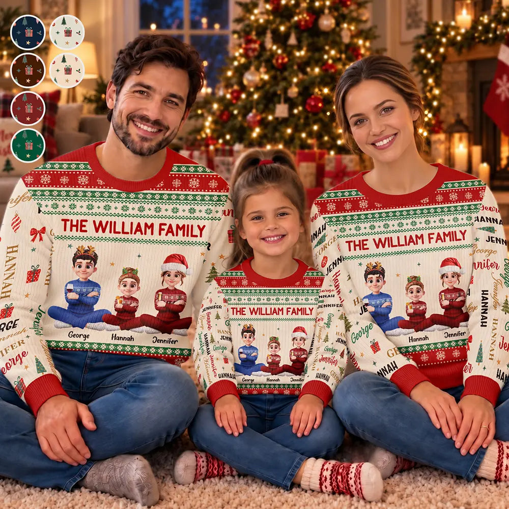 Christmas, Family, Happy, Vector - Matching Christmas Gift For Family - Personalized Member Names Holiday Unisex Ugly Sweater