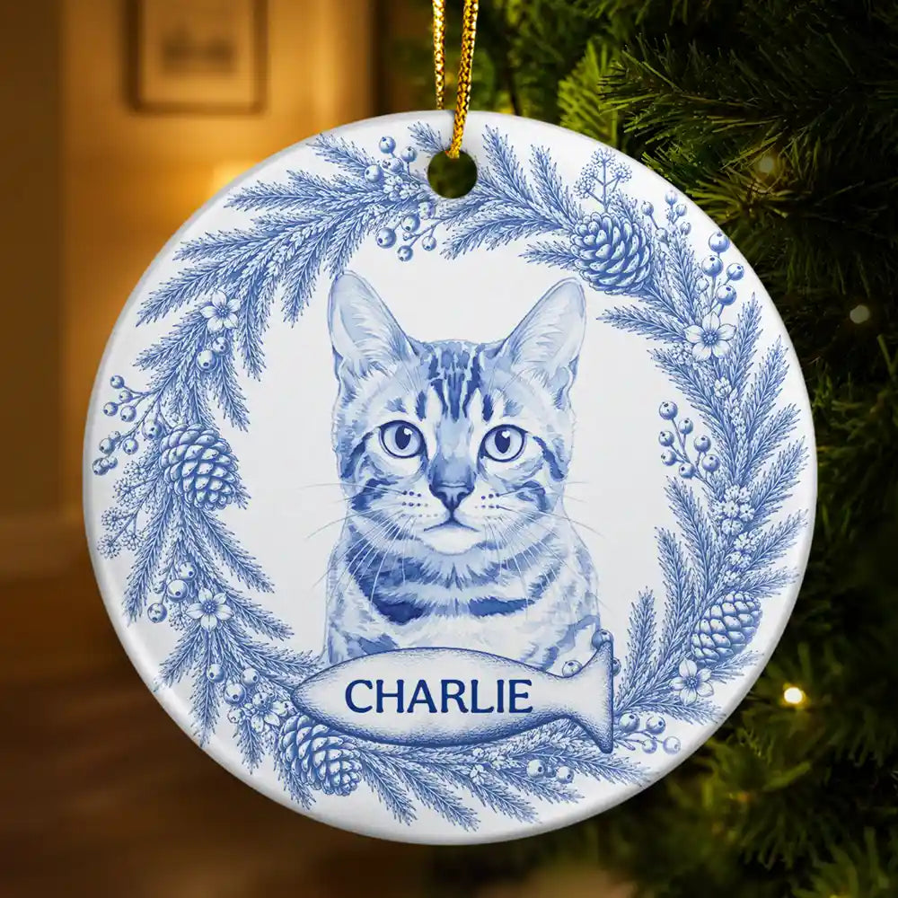 Art Design,Christmas,Cozy,Pet Lovers,Photo - Porcelain Art Style - Custom Photo Single-Color Watercolor Loving Dog Cat Pet Portrait - Personalized Circle Ceramic Ornament