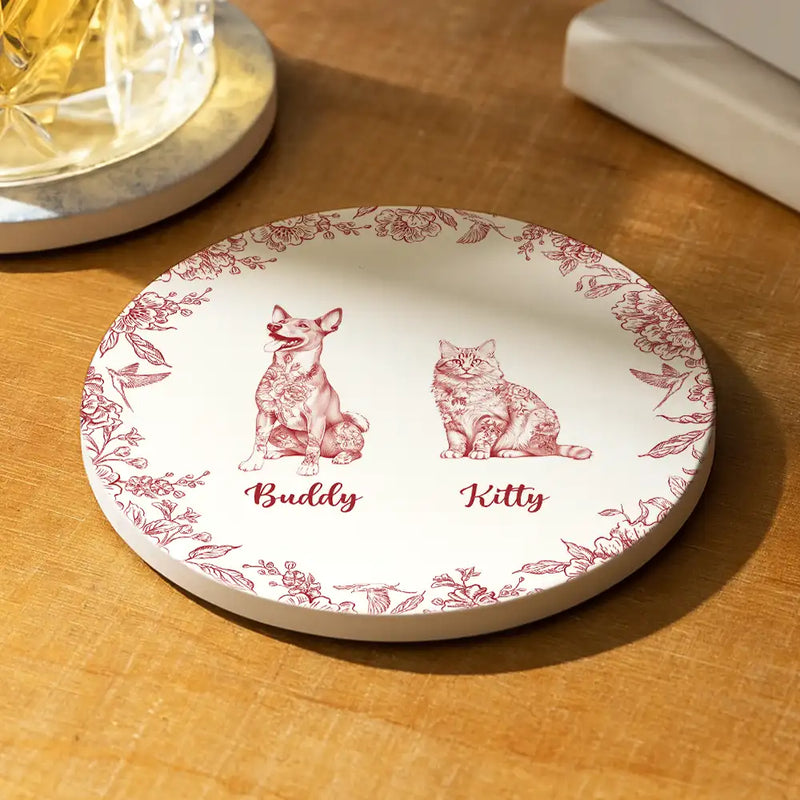 Dog Lovers,Pet Lovers,Cat Lovers,Happy - Chinoiserie Toile Dog Cat - Personalized Ceramic Coaster