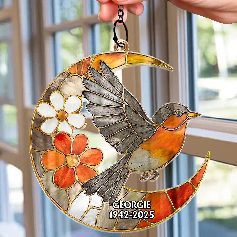 Family, Memorial, Sad - Memorial Cardinal Bird Garden Pollinator Stained Glass Effect Moon - Personalized Window Hanging Suncatcher Ornament