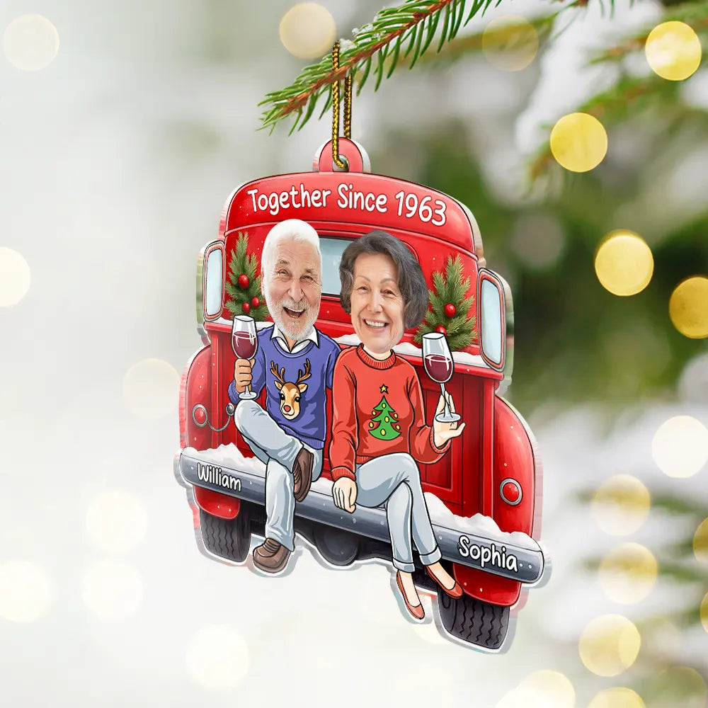 Gift For Couples,Old Couples,Funny,Christmas,Gift For Husband,Gift For Wife - Custom Photo Together Since Funny Couple Red Truck - Personalized Custom Shaped Acrylic Ornament