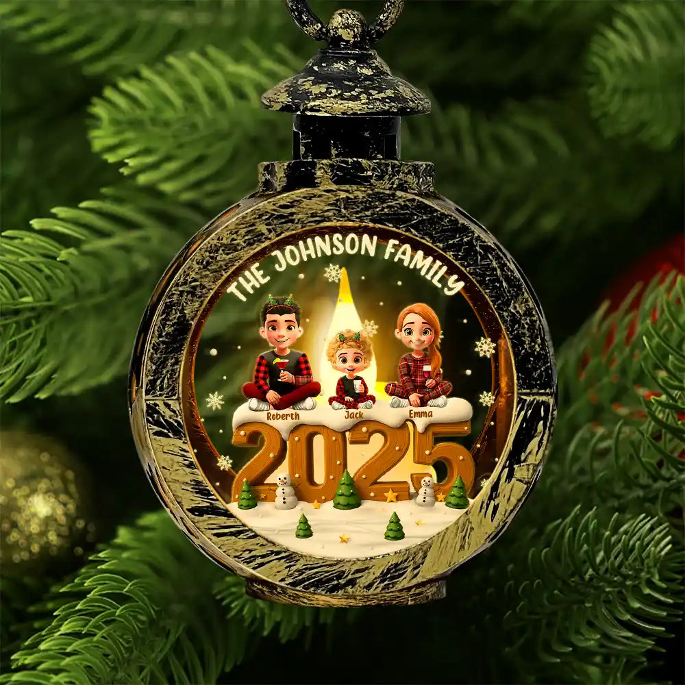 Family,Gift For Grandparents,Parents,Gift For Kids,Happy,Christmas,Non-Eng - 3D Effect Christmas Family And Dog Cat - Personalized Candlelight Lantern Ornament