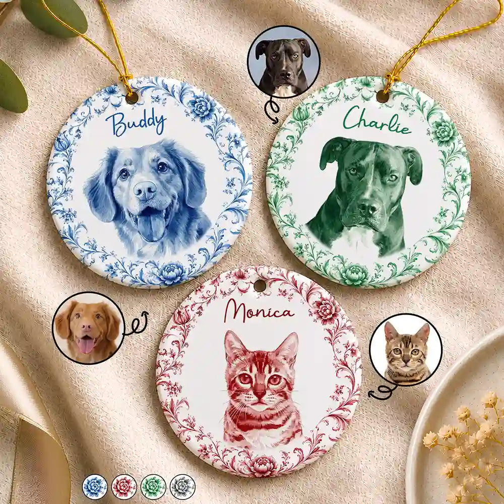 Art Design, Christmas, Cozy, Pet Lovers, Photo - Porcelain Art Style - Custom Photo Single-Color Watercolor Loving Dog Cat Pet Portrait - Personalized Circle Ceramic Ornament