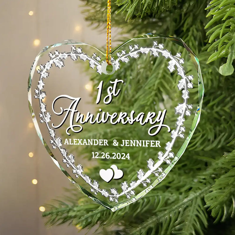 Gift For Couples,Gift For Husband,Gift For Wife,Old Couples,Married ,Wedding Anniversary,Anniversary,Christmas,Love - Married Couple Wedding Anniversary Milestones - 3D Precious Stone And Metal Effect Printed, Personalized Heart Shaped Glass Ornament