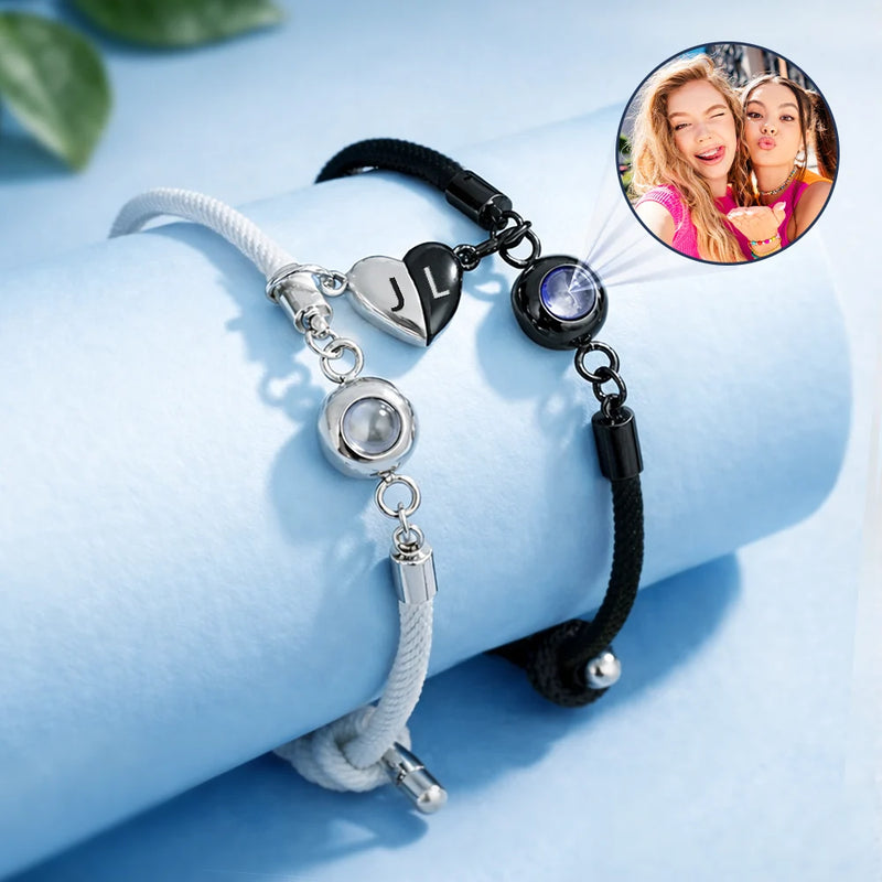 Happy,Gift For Bestie,Old Best friends,Gift For Sisters - Custom Photo Besties Sisters Forever - Personalized Photo Projection Bracelet Magnetic Initial