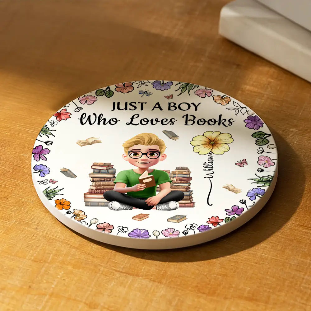 Reading,Gift For Women,Gift For Yourself,Gift For Daughter,Happy - Just A Girl Who Loves Books Birth Flower - Personalized Ceramic Coaster