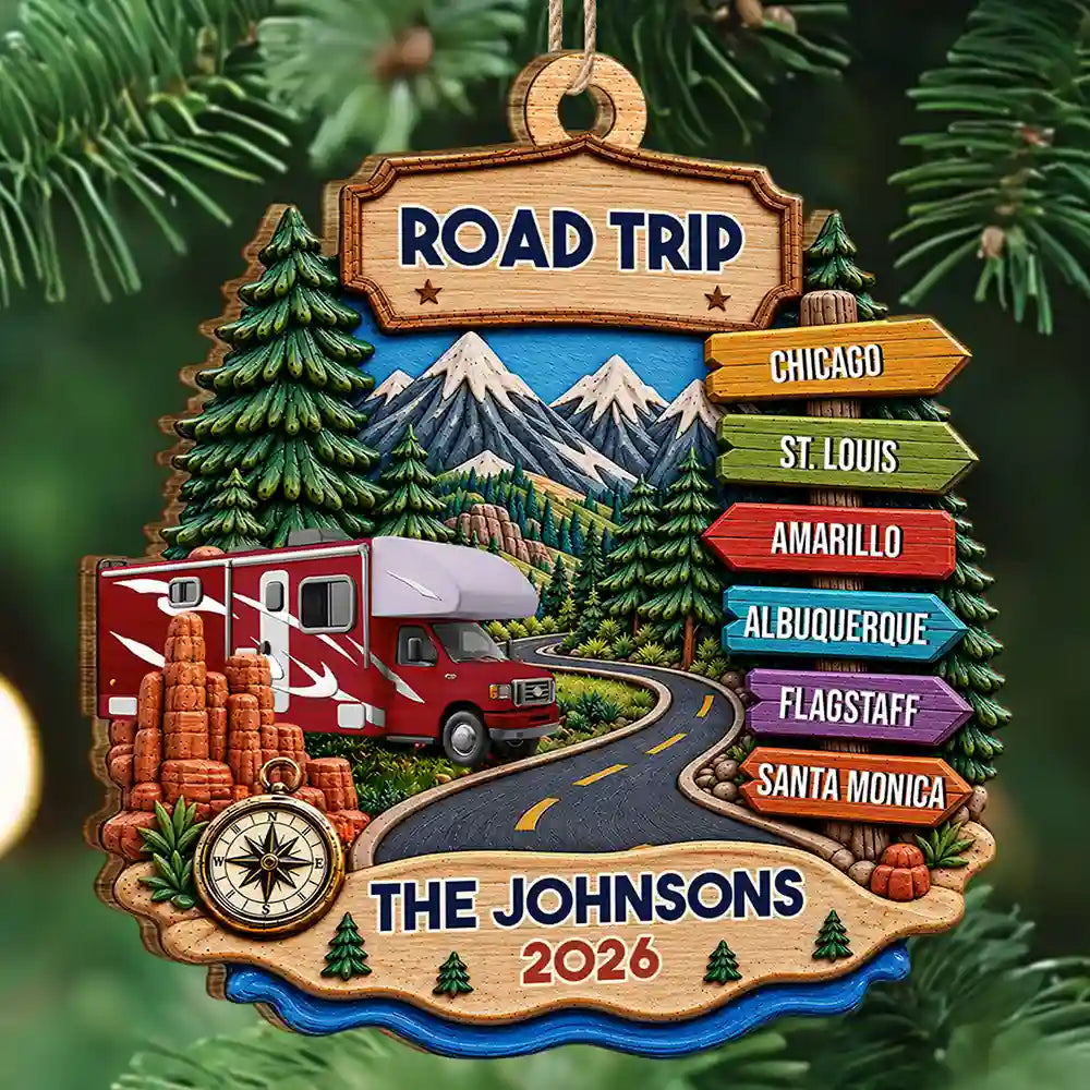 Christmas, Gift For Couples, Icon, Old Couples, Romantic, Travel - Road Trip Travel Gift For Couples, Family, Friends - Personalized Vacation Wooden Ornament