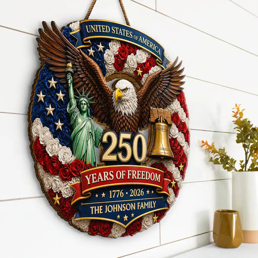 Family,Happy,America 250th,Independence Day,Top Market - 3D Effect Stars Stripes & Flowers 250 Years Of Freedom - Personalized Custom Shaped Wood Sign