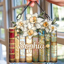 Gift For Women,Love - Birth Flower Reading Book Stack Stained Glass Effect - Personalized Window Hanging Suncatcher Ornament