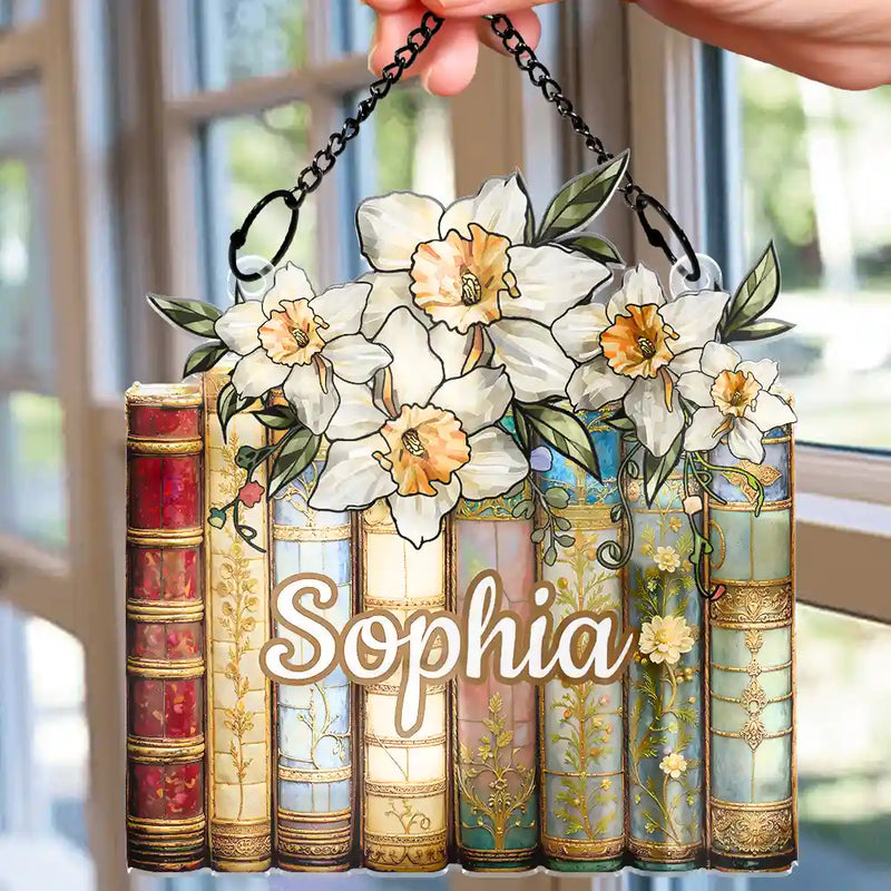 Gift For Women,Love - Birth Flower Reading Book Stack Stained Glass Effect - Personalized Window Hanging Suncatcher Ornament