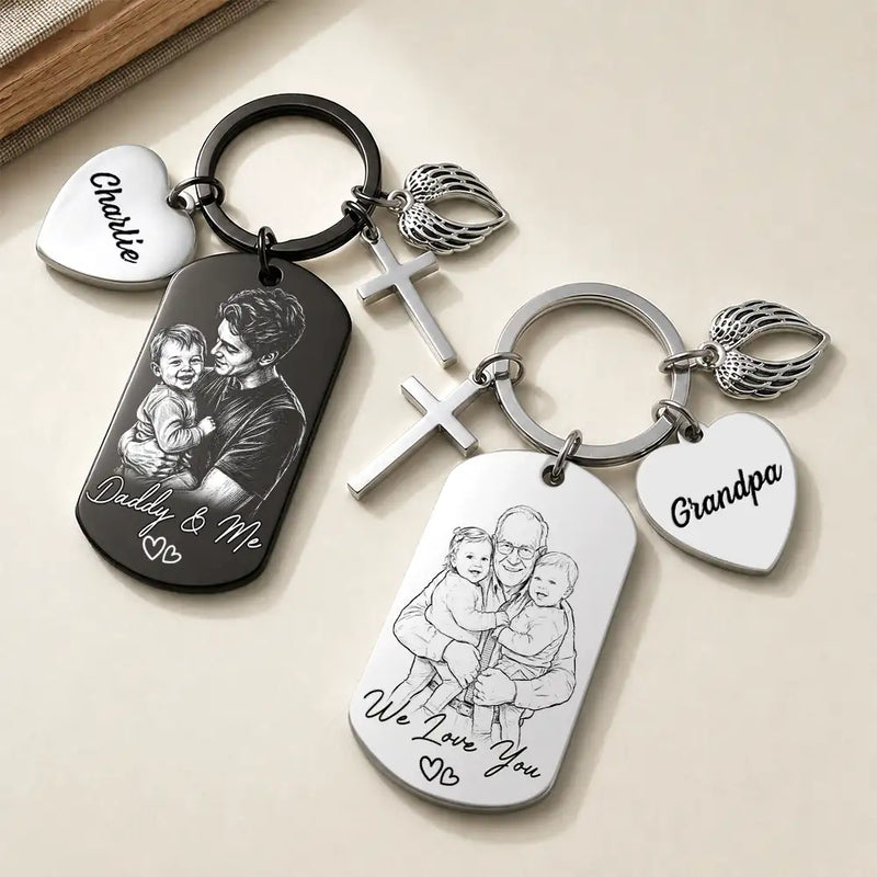 Dad - Children,Grandpa - Grandkids,Gift For Father,Gift For Grandpa,Non-Eng,Photo - Pencil Sketch (Bold),Sentimental - Custom Photo Bold Sketch Best Dad Grandpa Ever We Love You - Personalized Stainless Steel Keychain
