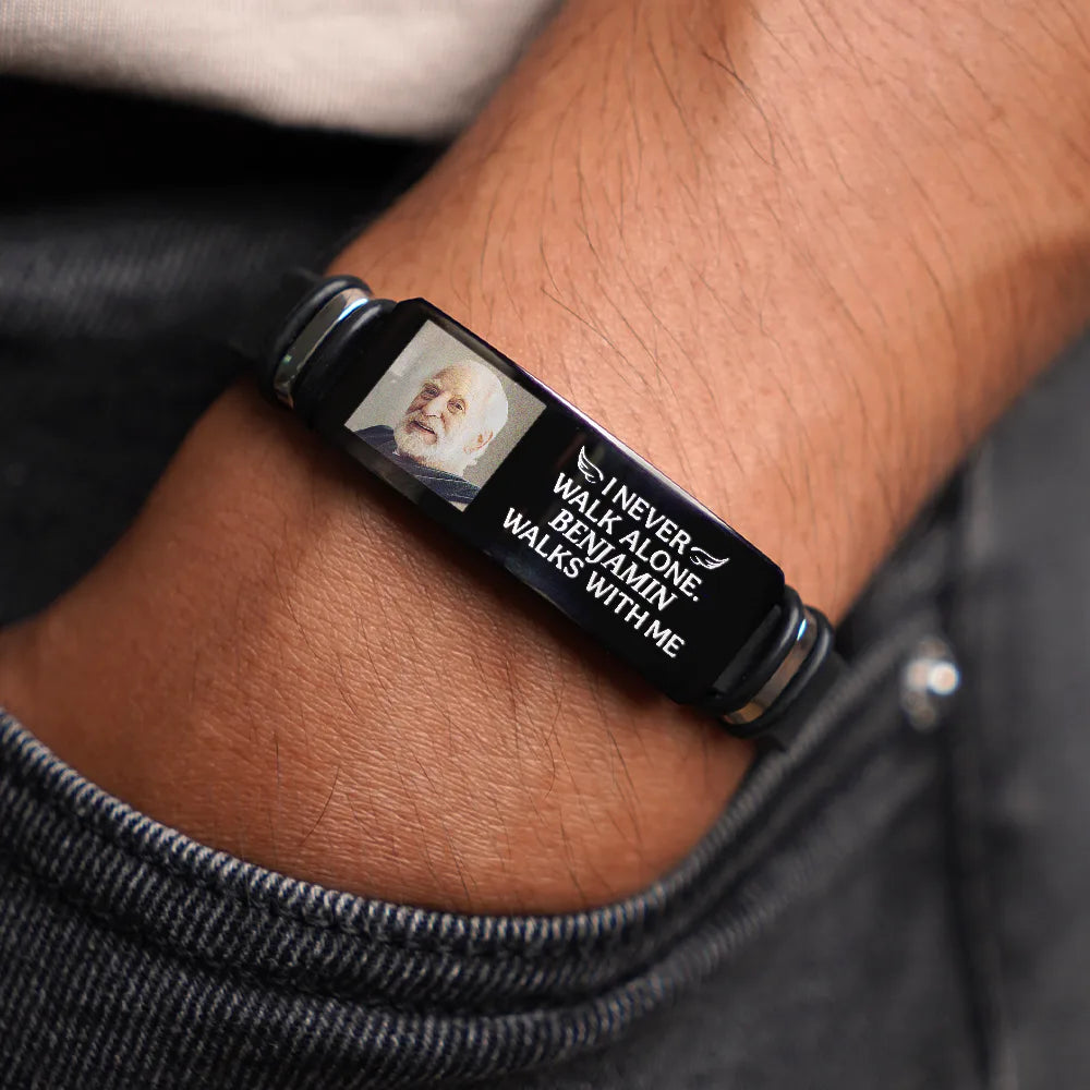 Custom Photo, Memorial, Family, Gift For Father, Gift For Mother, Sad - Custom Photo You Never Walk Alone Memorial - Personalised Engraved Bracelet