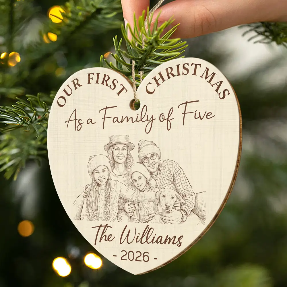 Parents,New Baby,Art Design,Christmas,Photo - Pencil Sketch - Remove BG,Happy - Custom Photo Pencil Sketch First Christmas As A Family Of Four - Personalized Custom Shaped Wooden Ornament