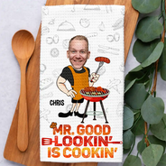 Custom Photo,Gift For Father,Grilling,Funny,Non-Eng,Photo - Custom Photo Mr Good Looking Is Cooking - Personalized Kitchen Towel