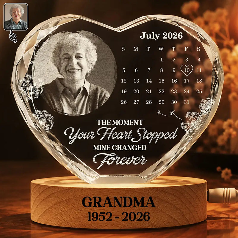 Top Market, Custom Photo, Sympathetic, Family, Memorial, Upload Full Photo, Calendar - Custom Photo Calendar The Moment Your Heart Stopped Memorial - Personalized Crystal Heart Shaped Lamp