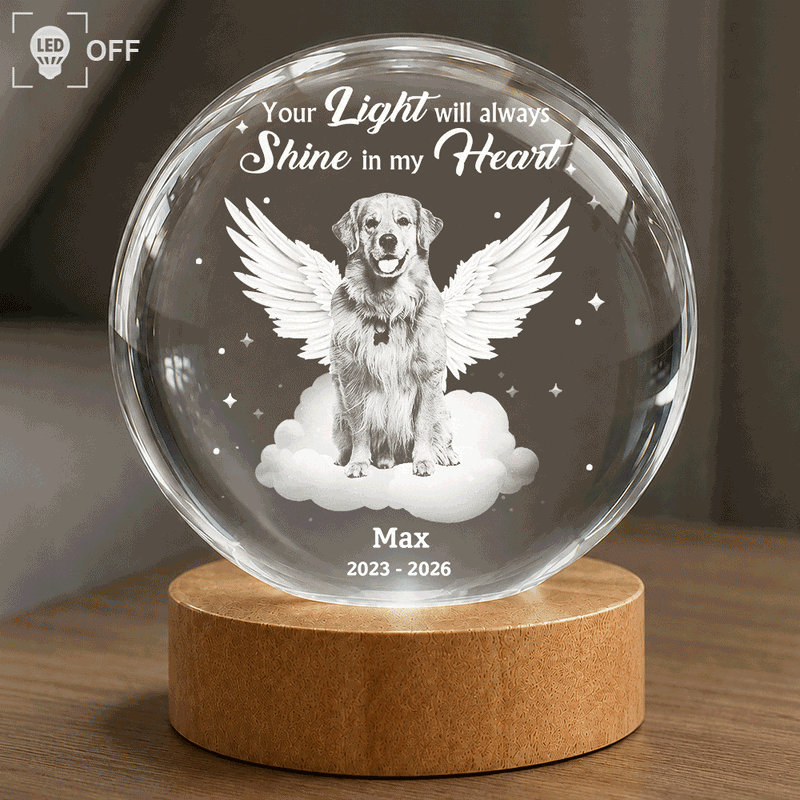 Sad,Pet Lovers,Custom Photo,Memorial - Custom Photo Dog Cat Pet Memorial Your Light Will Always Shine In My Heart - Personalized Crystal Globe Lamp