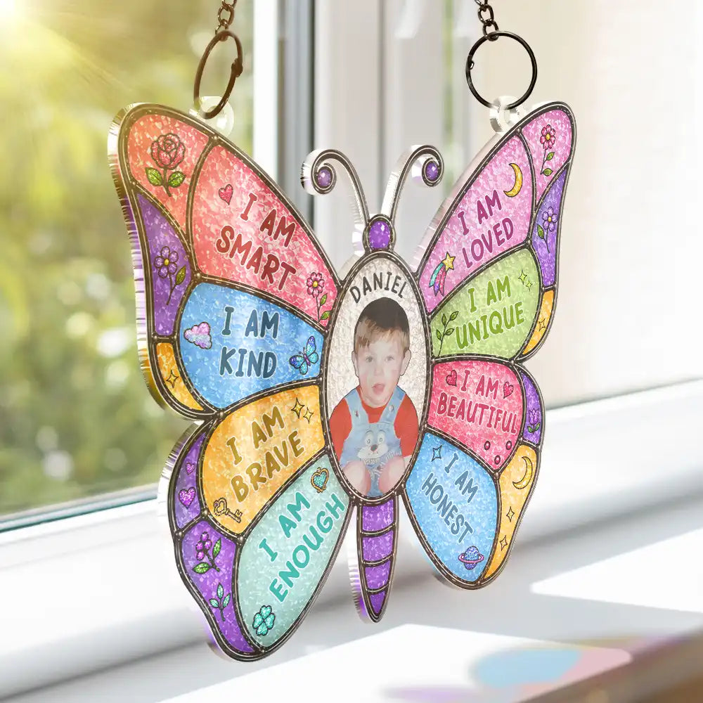 Gift For Kids,Gift For Daughter,Gift For Son,Happy,Photo - Stained Glass - Custom Photo Stained Glass I Am Smart Kind Brave Butterfly - Personalized Window Hanging Suncatcher Ornament