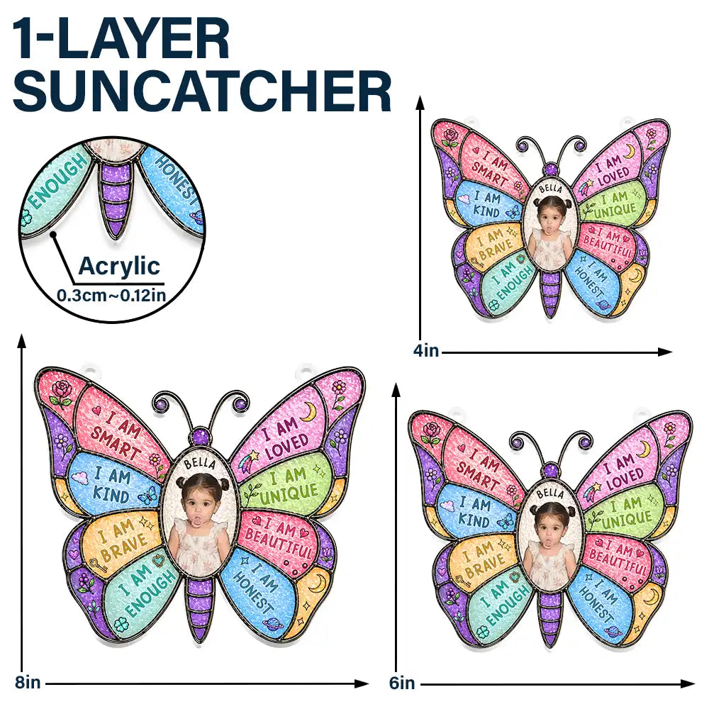 Gift For Kids,Gift For Daughter,Gift For Son,Happy,Photo - Stained Glass - Custom Photo Stained Glass I Am Smart Kind Brave Butterfly - Personalized Window Hanging Suncatcher Ornament