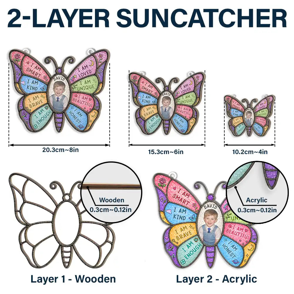 Gift For Kids,Gift For Daughter,Gift For Son,Happy,Photo - Stained Glass - Custom Photo Stained Glass I Am Smart Kind Brave Butterfly - Personalized Window Hanging Suncatcher Ornament