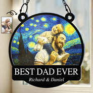 Gift For Father,Gift For Grandpa,Non-Eng,Photo - Starry Night,Proud - Custom Photo Starry Night Best Dad Papa Ever - Personalized Window Hanging Suncatcher Ornament