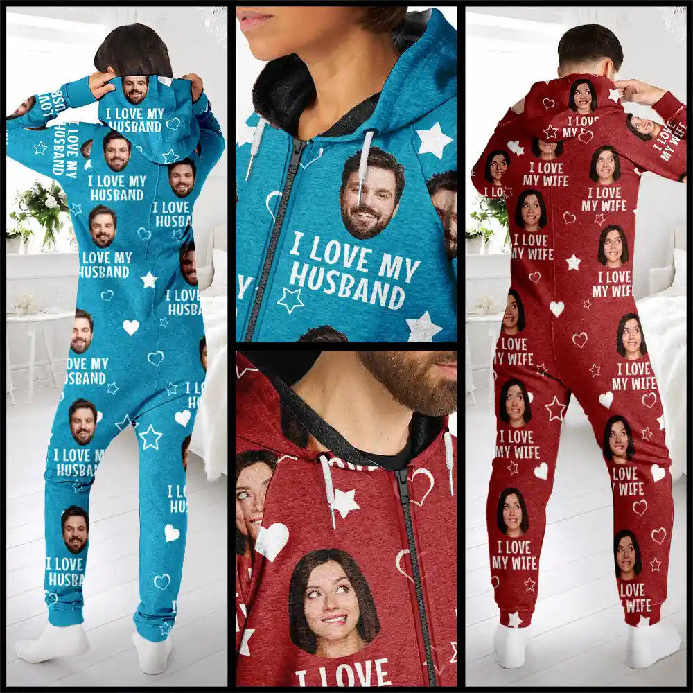 Gift For Husband,Gift For Wife,Gift For Couples,Custom Photo,Funny - Custom Photo Funny I Love My Wife Husband - Personalized Overall Onesie Hooded Jumpsuit