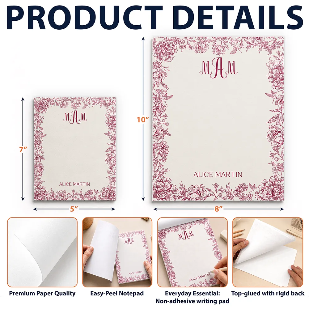 Cozy,Gift For Yourself,Gift For Women,Icon - Toile Monogrammed Letter & Name - Personalized Notepad