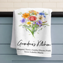 Gift For Wife, Gift For Mother, Gift For Grandma, Happy - Mom Mum Grandma Kitchen Watercolor Birth Flower - Personalized Kitchen Towel