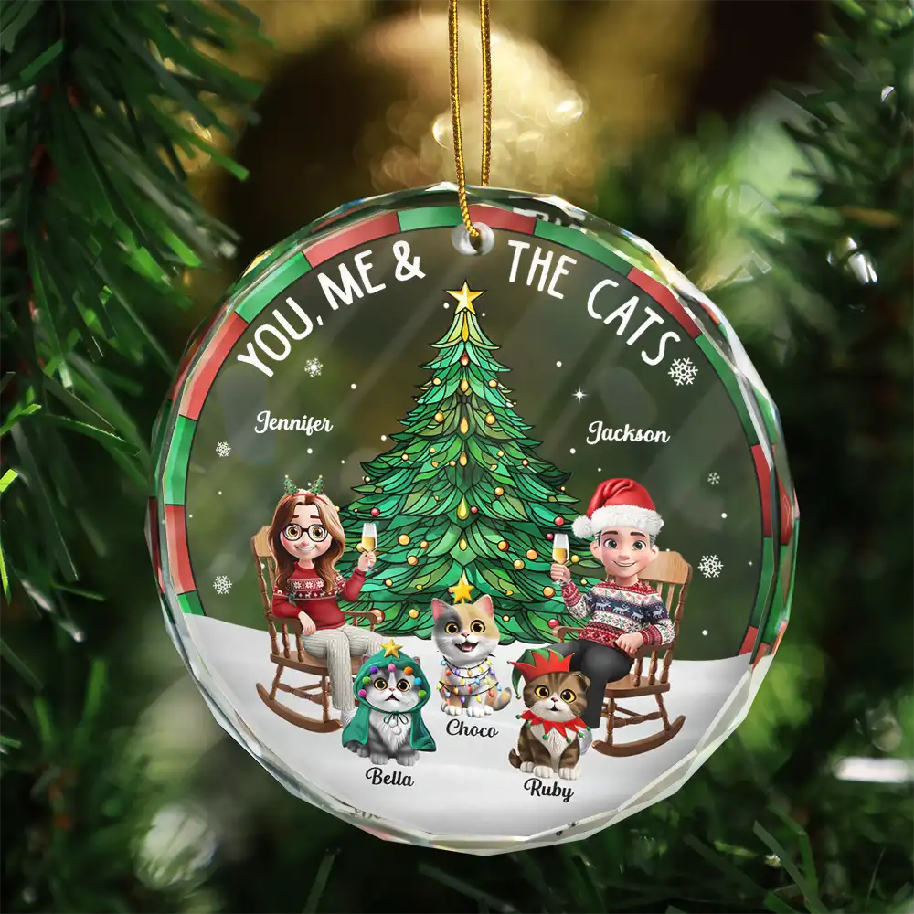 Gift For Couples,Gift For Husband,Gift For Wife,Gift For Boyfriend,Gift For Girlfriend,Cat Lovers,Cat Couple,Pet Lovers,Pet Couple,Love,Christmas - Christmas Tree You Me And The Cat - Personalized Circle Glass Ornament