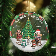 Gift For Couples,Gift For Husband,Gift For Wife,Gift For Boyfriend,Gift For Girlfriend,Cat Lovers,Cat Couple,Pet Lovers,Pet Couple,Love,Christmas - Christmas Tree You Me And The Cat - Personalized Circle Glass Ornament