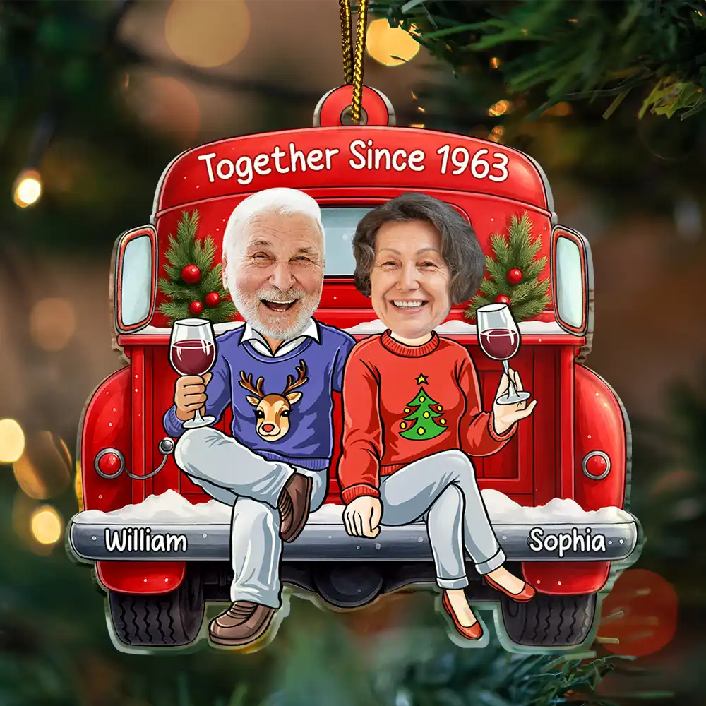 Gift For Couples,Old Couples,Funny,Christmas,Gift For Husband,Gift For Wife - Custom Photo Together Since Funny Couple Red Truck - Personalized Custom Shaped Acrylic Ornament