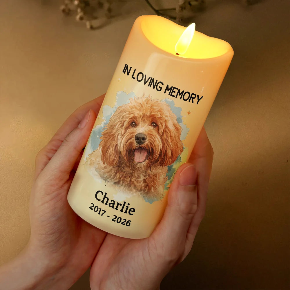 Dog Lovers,Pet Lovers,Cat Lovers,Memorial,Sad - Custom Photo Realistic Watercolor Art Memorial Pet Loss Your Light Will Always Shine In My Heart - Personalized Flameless LED Candle