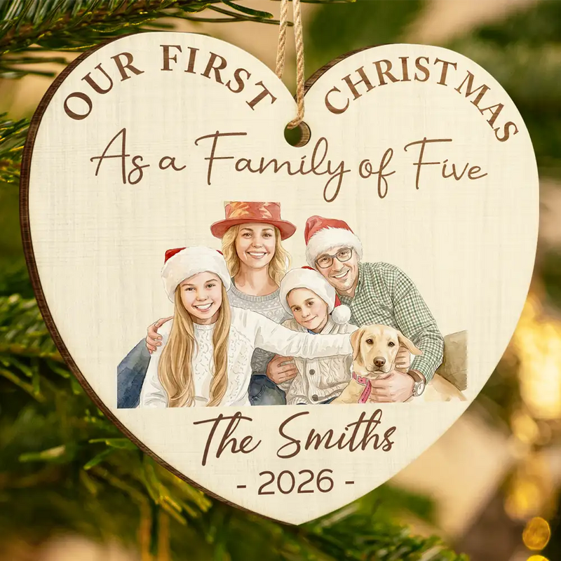 First Christmas,Parents,Art Design,Christmas,Photo - Watercolor - Remove BG,Happy - Custom Photo Realistic Watercolor Art First Christmas As A Family Of Four - Personalized Custom Shaped Wooden Ornament