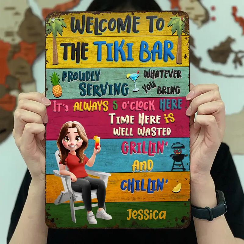 Happy,Gift For Couples,Couple's Hobby,Patio,Grilling - Patio Welcome Grilling Proudly Serving Whatever You Bring Cartoon Couple - Personalized Classic Metal Signs
