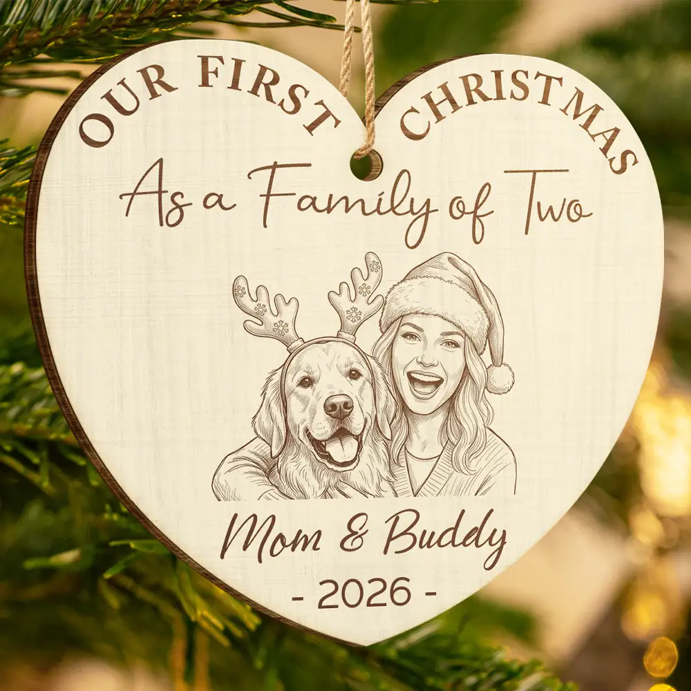 Parents,New Baby,Art Design,Christmas,Photo - Pencil Sketch - Remove BG,Happy - Custom Photo Pencil Sketch First Christmas As A Family Of Four - Personalized Custom Shaped Wooden Ornament