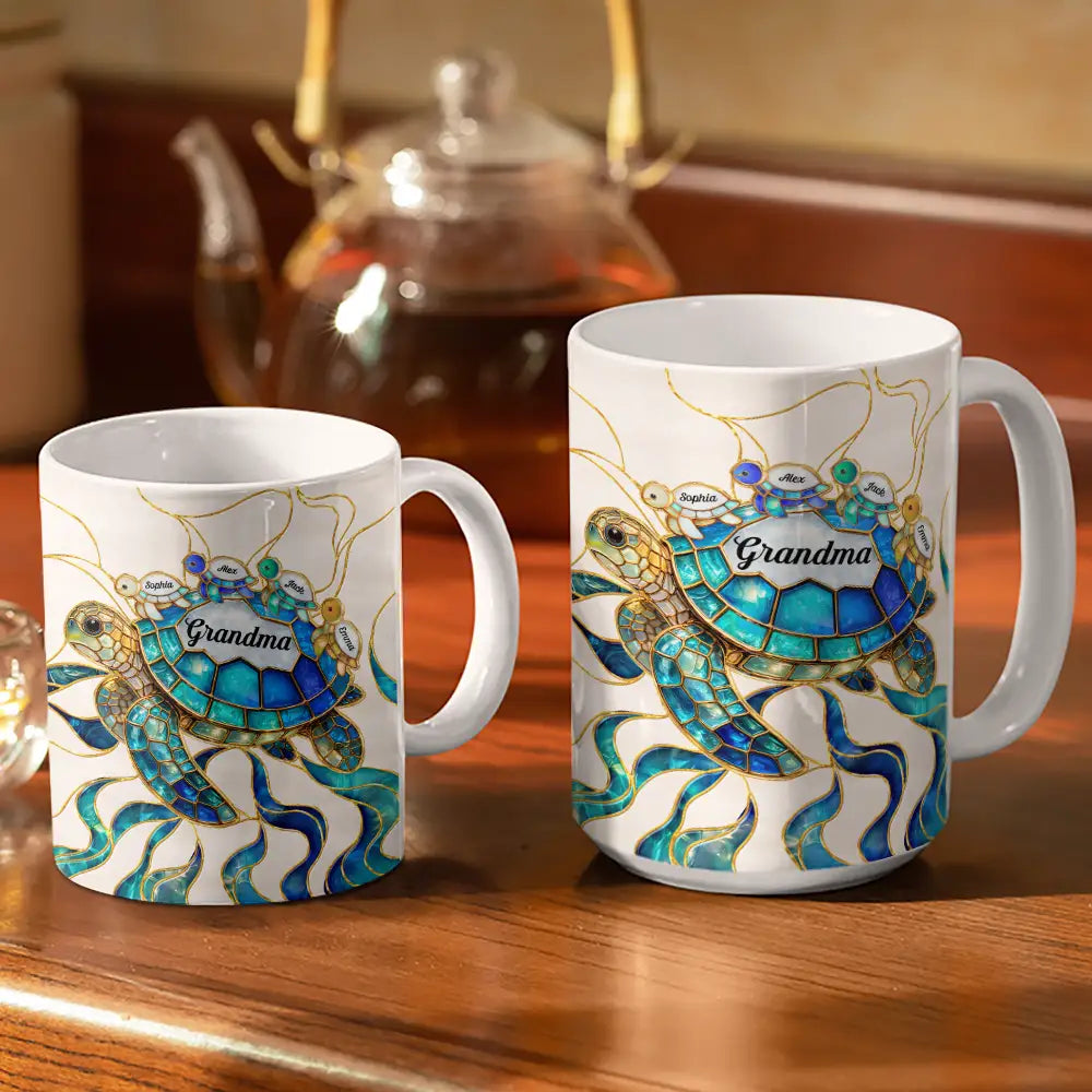 Gift For Grandma,Grandma - Grandkids,Gift For Mother,Beach,Happy - Turtle Stained Glass Mom Grandma - Personalised White Edge-to-Edge Mug